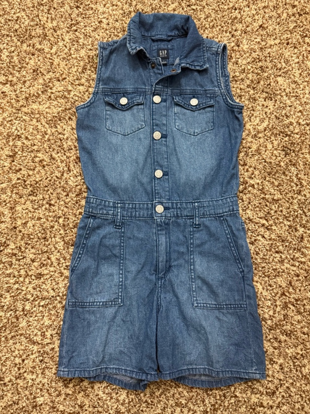 GAP Denim Sleeveless Button-Front Romper in Blue